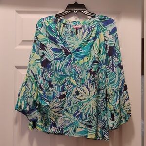 Lilly Pulitzer Women's Tropical Print Blouse Blue Green Flounce Sleeves Size S